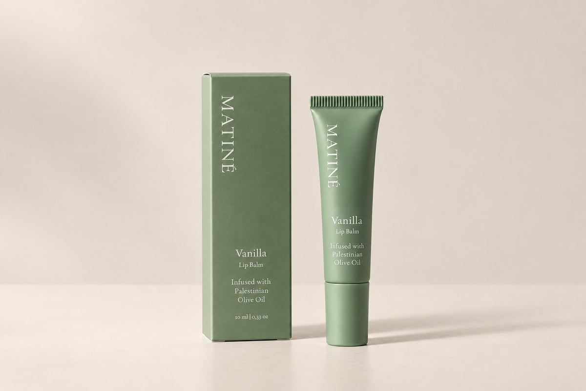 MATINÉ Vanilla Lip Balm and sage green packaging